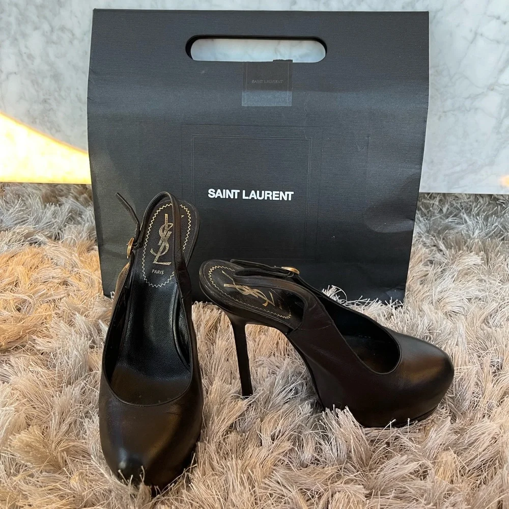 Yves Saint Laurent YSL Black Leather tribute tribtoo Slingback Pumps - Picture 2 of 8